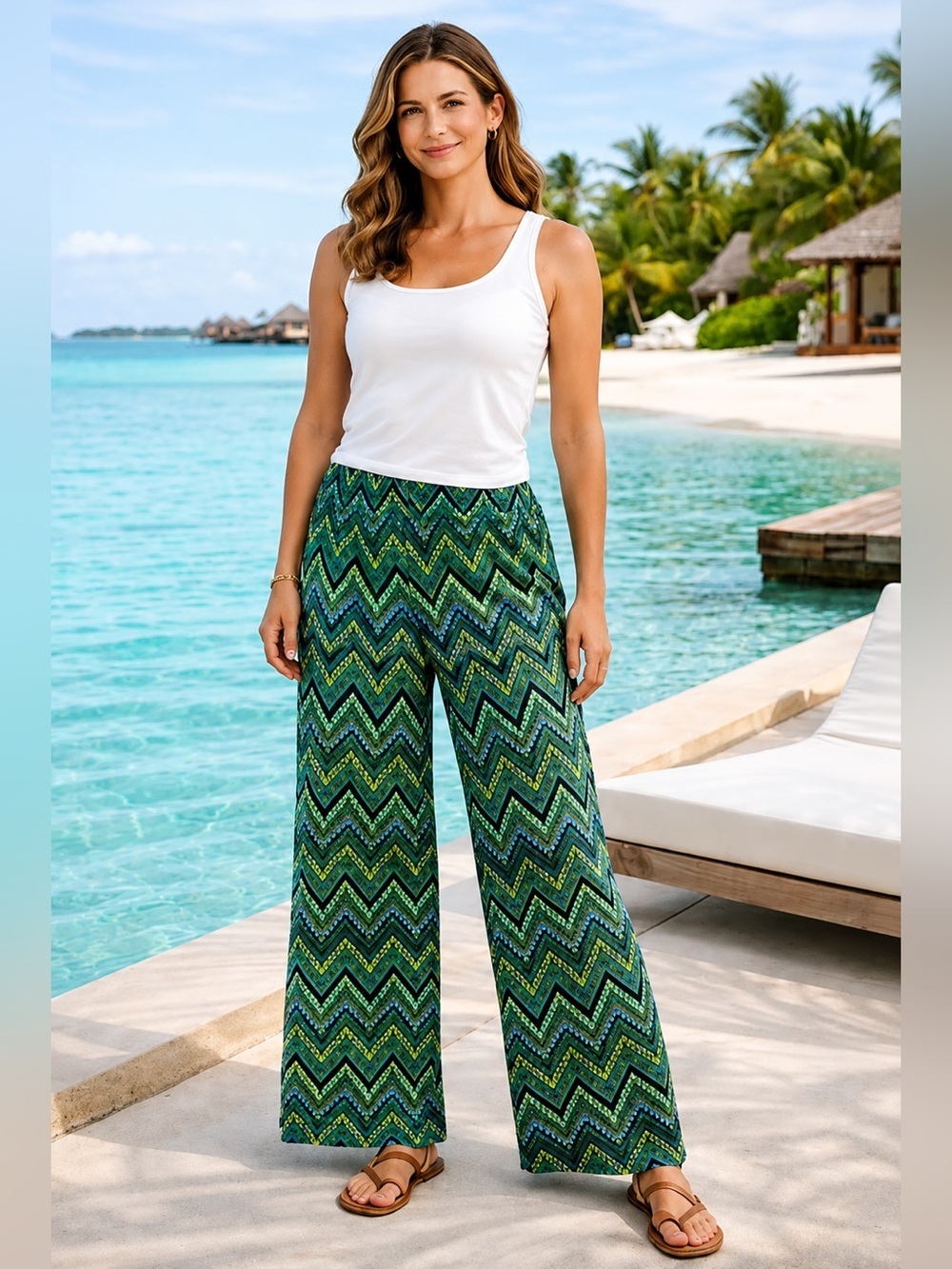 BCX Chevron Print Wide Leg Pants Blue Green Yellow Boho Festival L